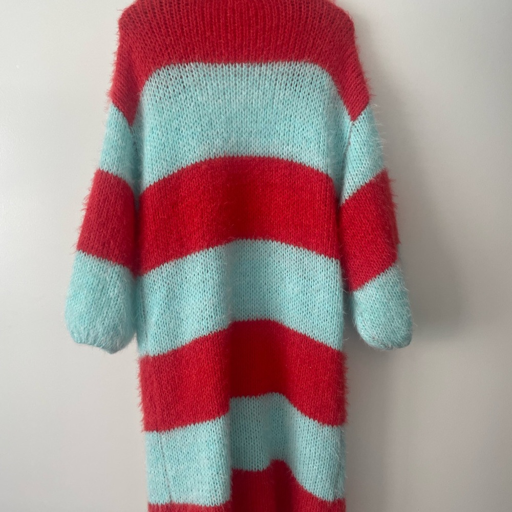 Anthropologie Chunky Stripe Open-Front Cardigan - Red & Light Blue - Picture 2 of 5